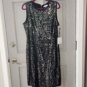 Calvin Klein Silver Sequin "Snakeskin" Pattern Sheath Cocktail Dress Sz. 14